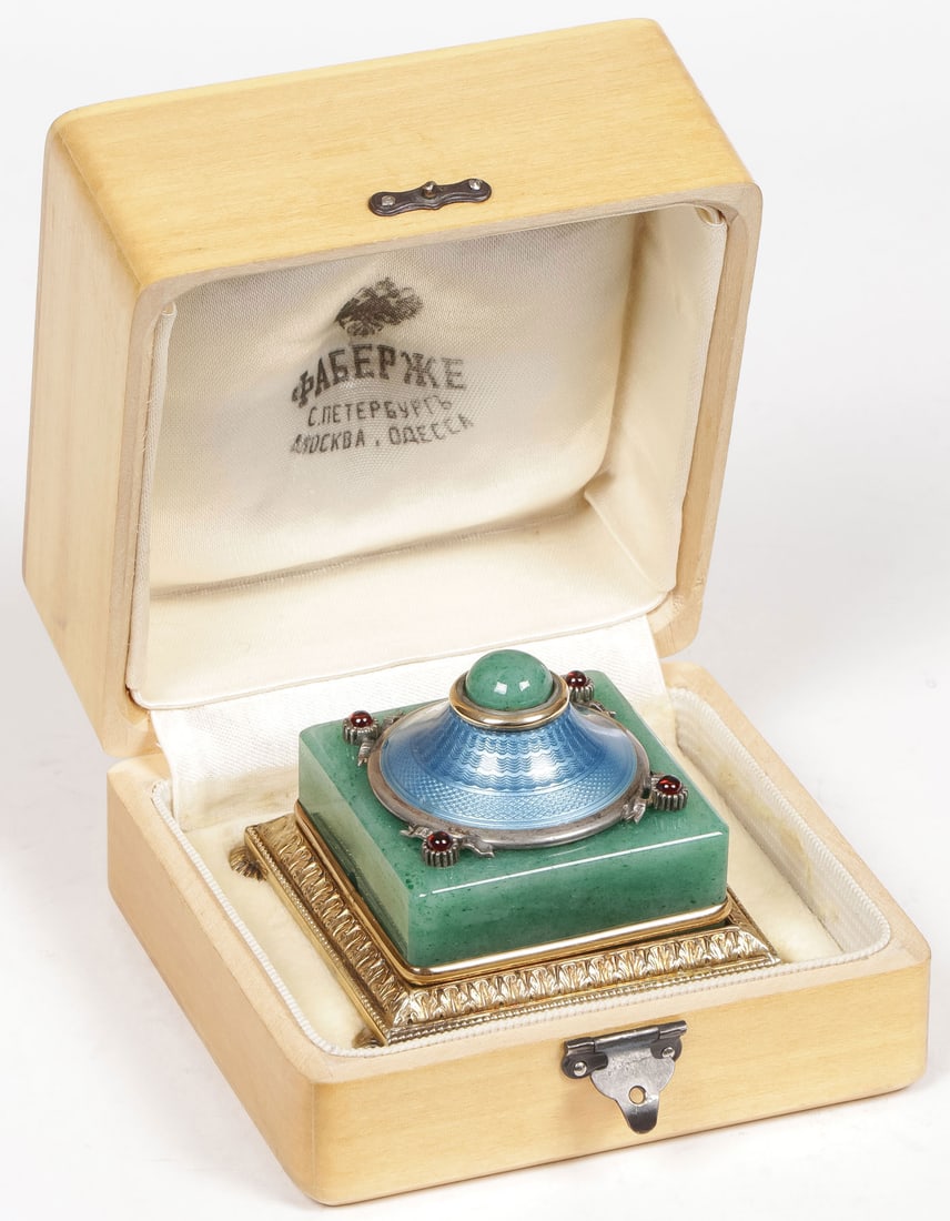 FABERGE STYLE SILVER & JADE BELL PUSH: FABERGE STYLE SILVER & JADE BELL PUSH. Comprising a silver-gilt, jade, enamel and gem set bell push in the style of Faberge. The silver gilt square base on bun feet with leaf tip banding holding a pol