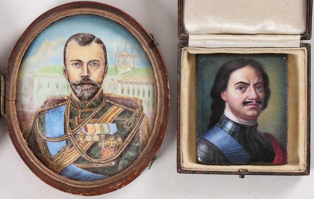 PAIR OF RUSSIAN ENAMEL TSAR PORTRAITS: PAIR OF RUSSIAN ENAMEL TSAR PORTRAITS. Comprising an oval enamel-painted cased portrait of Tsar Nicholas II in a custom-fitted leather-covered case with hinged lid, length 4.75 inches (12cm).