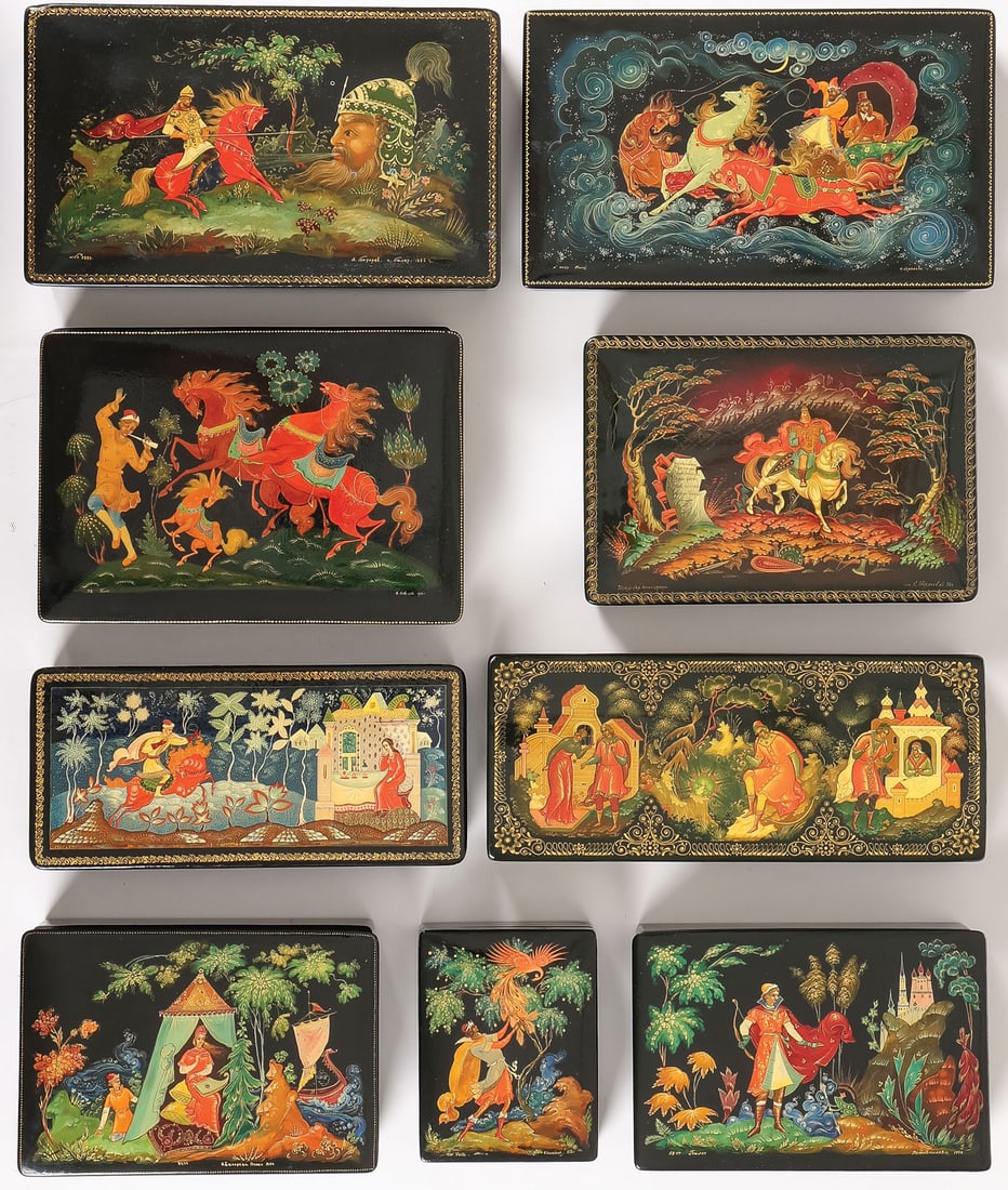 9 RUSSIAN HAND PAINTED LACQUER BOXES (1 of 1)