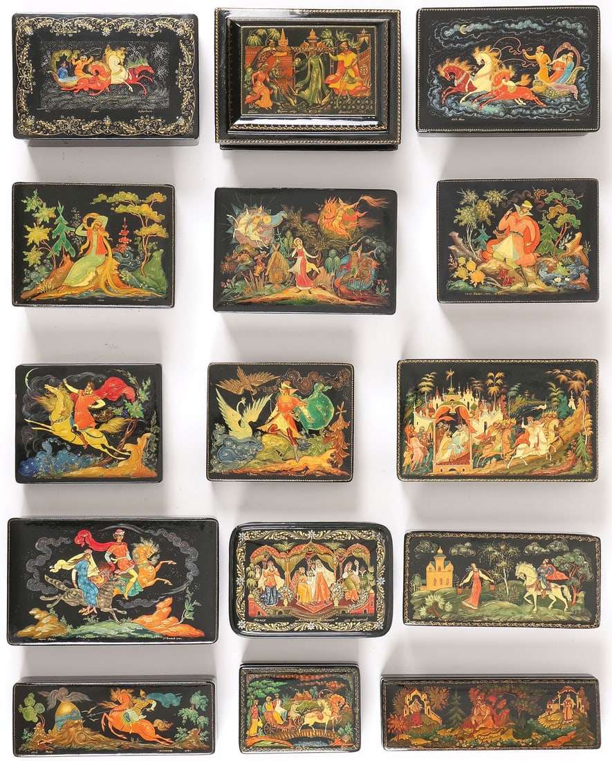 15 RUSSIAN LACQUER BOXES: 15 RUSSIAN LACQUER BOXES. Comprising fifteen hand-painted Russian lacquer boxes depicting traditional Russian themes, including fairytales, many artist signed and dated, of various sizes, all from