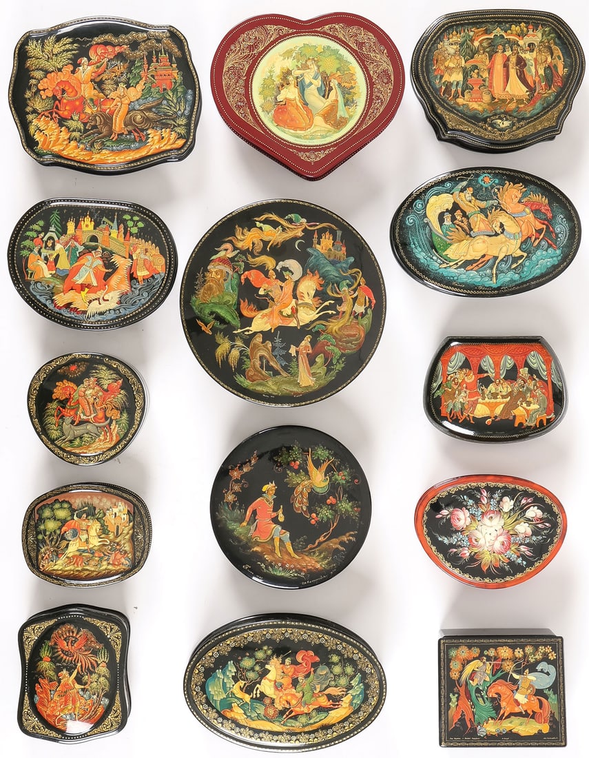 14 RUSSIAN LACQUER BOXES: 14 RUSSIAN LACQUER BOXES. Comprising a good group of 14 hand painted Russian lacquer boxes of various shapes and sizes as shown. Each finely painted with traditional themes, including fairy tale