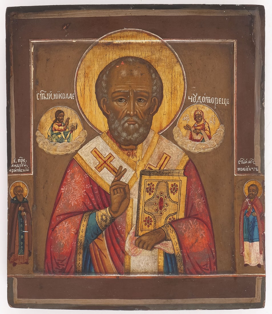 RUSSIAN ICON, SAINT NICHOLAS, 18TH?C: RUSSIAN ICON, SAINT NICHOLAS, 18TH?C. Here, Nicholas is traditionally depicted in the vestments of a bishop, he delivers a blessing with his right hand and holds a book of gospels with his left hand.