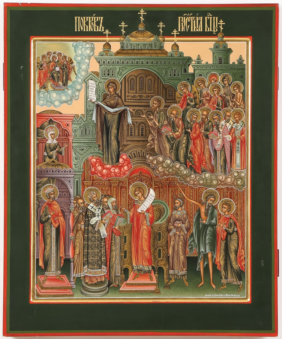 SPECTACULAR CONTEMPORARY RUSSIAN ICON, C. 2000: SPECTACULAR CONTEMPORARY RUSSIAN ICON, C. 2000. A large and impressive icon of The Pokrov Mother of God, of the very highest quality, taking three months to complete. Artist signed lower right.