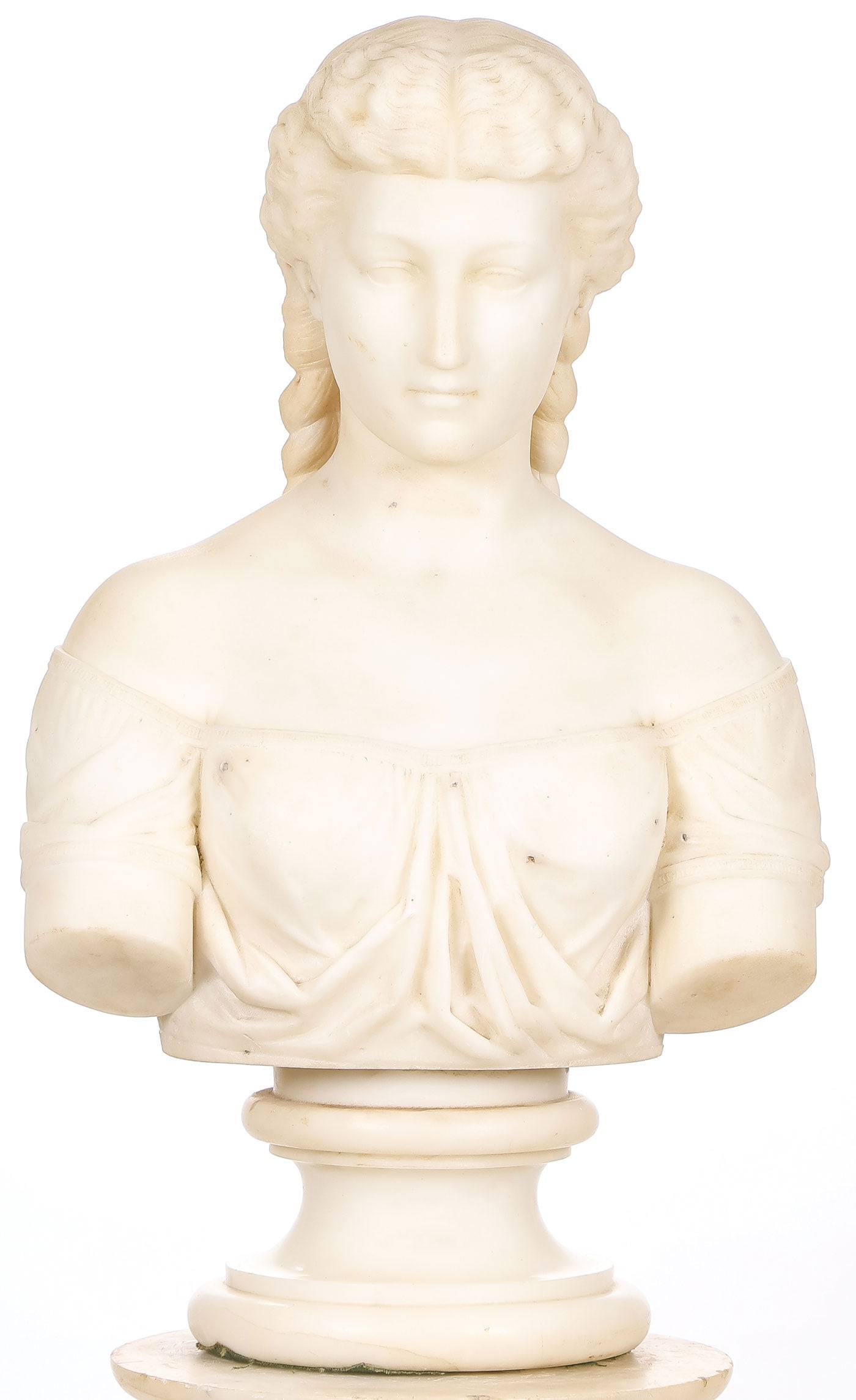 GREAT MARBLE BUST AND PEDESTAL, C. 1890: GREAT MARBLE BUST AND PEDESTAL, C. 1890. Comprising an exceedingly well carved marble bust of a young woman with braids. Finely and sensitively carved in full round of good anatomy and proportions wit