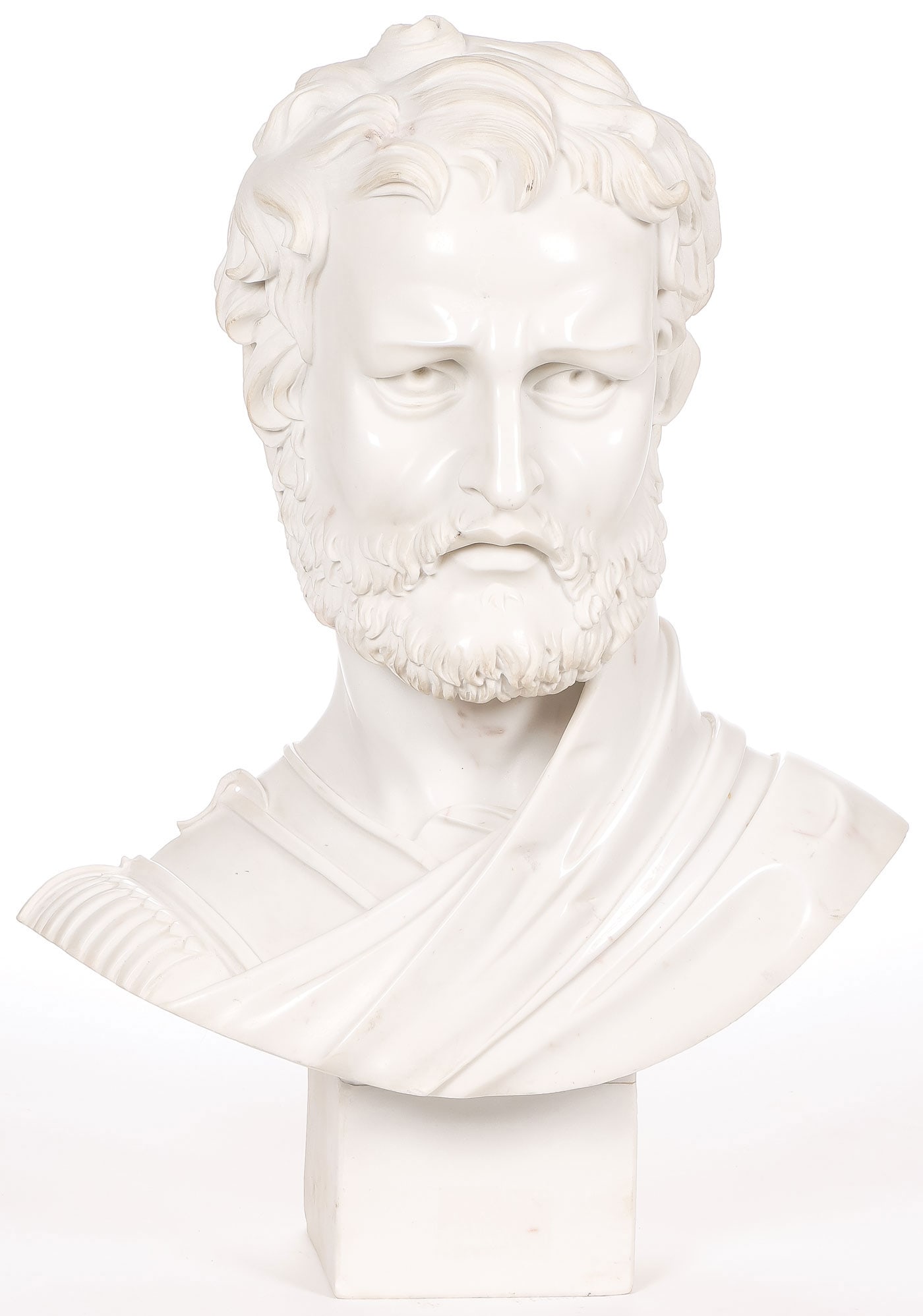 IMPRESSIVE CARVED MARBLE BUST: IMPRESSIVE CARVED MARBLE BUST. Comprising a carved marble bust, likely of the Greek poet Sophocles. Realistically carved in full round with good detail, resting on integral carved square base. Height 