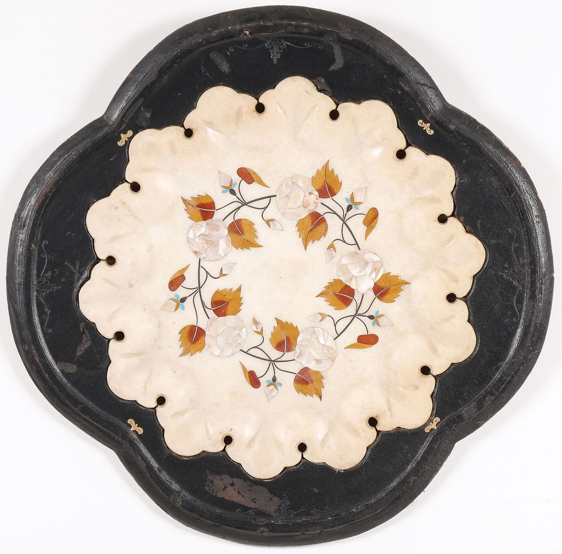 FINE PIETRA DURA PLAQUE 19TH C: FINE PIETRA DURA PLAQUE 19TH C. Comprising a finely carved alabaster flower-form plaque with inlaid hardstone and mother-of-pearl, contained in its original quatrefoil leather frame with gilt