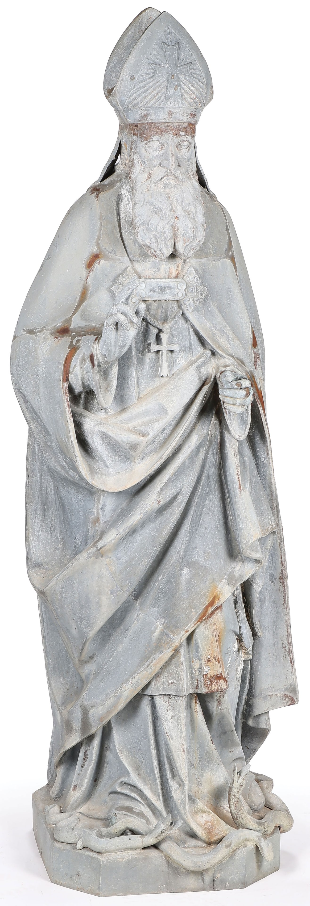 19th C. ZINC GARDEN STATUE OF ST. NICHOLAS: 19th C. ZINC GARDEN STATUE OF ST. NICHOLAS. Comprising a good 19th century, three-quarter life-size finely cast and realistically sculpted figure of the bishop Saint Nicholas, patron saint of Ireland