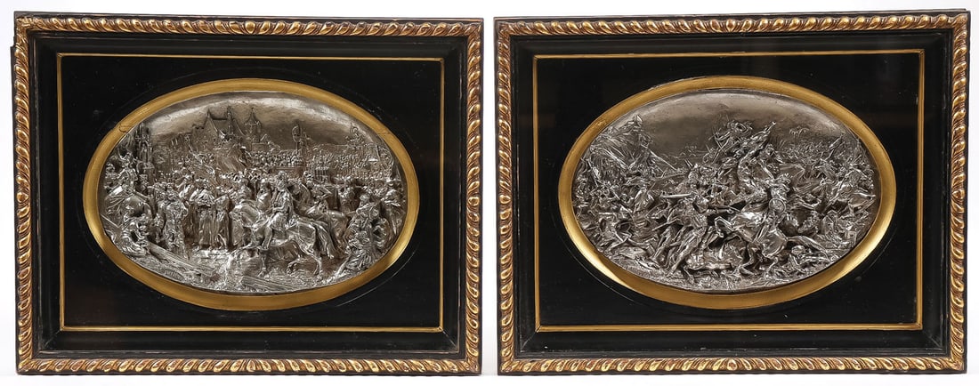 PR OF EXCEPTIONAL SILVERED bas-relief PLAQUES: PR OF EXCEPTIONAL SILVERED bas-relief PLAQUES, 19TH C. Comprising a pair of highly detailed bas-relief silver-plated copper plaques, one depicting Saint Louis at Sainte-Chapelle and the other