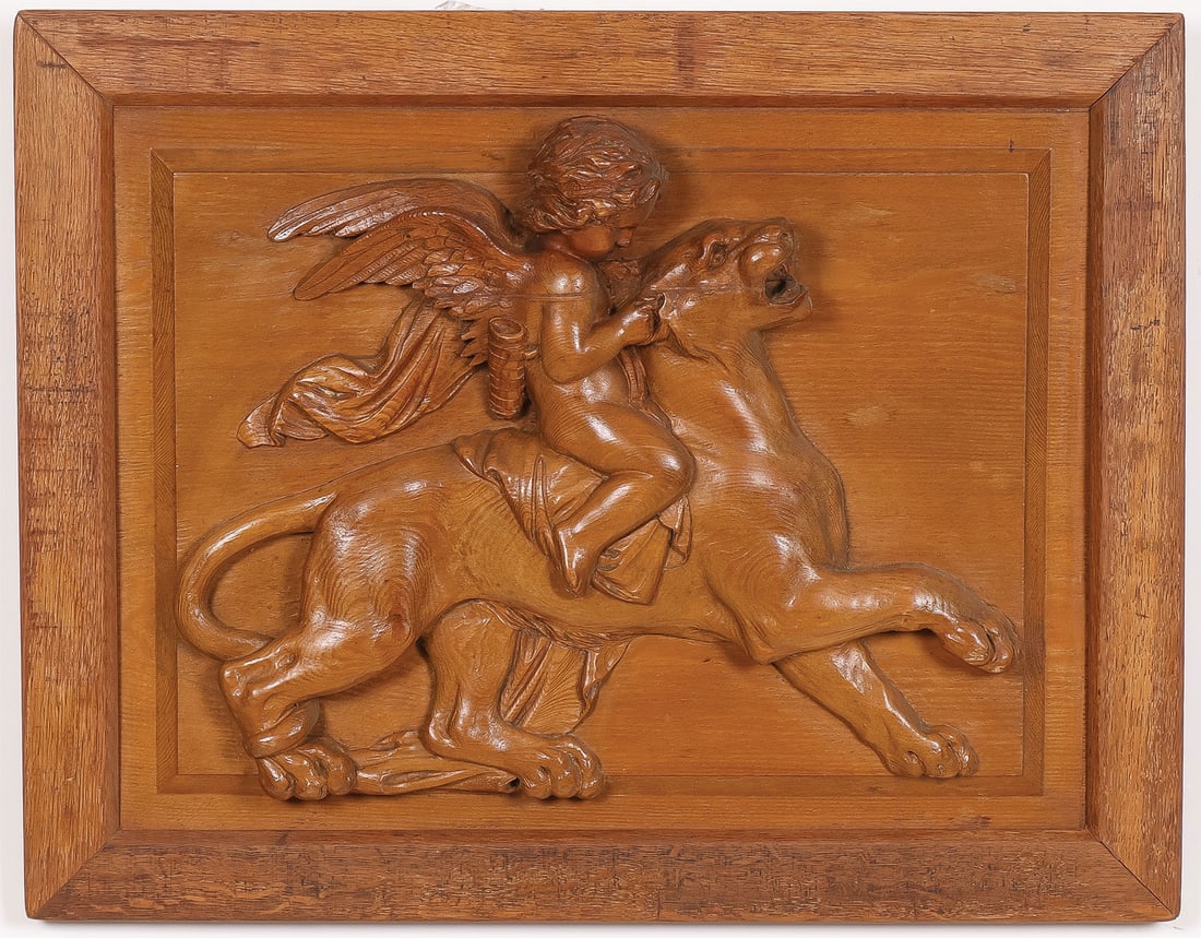 PR RELIEF CARVED WOOD PLAQUES, 19TH C: PR RELIEF CARVED WOOD PLAQUES, 19TH C. Comprising a pair of opposing wood plaques carved in high relief, depicting Cupid atop a wild and tamed tiger. Each overall measuring 20 x 25.5 inches (51 x