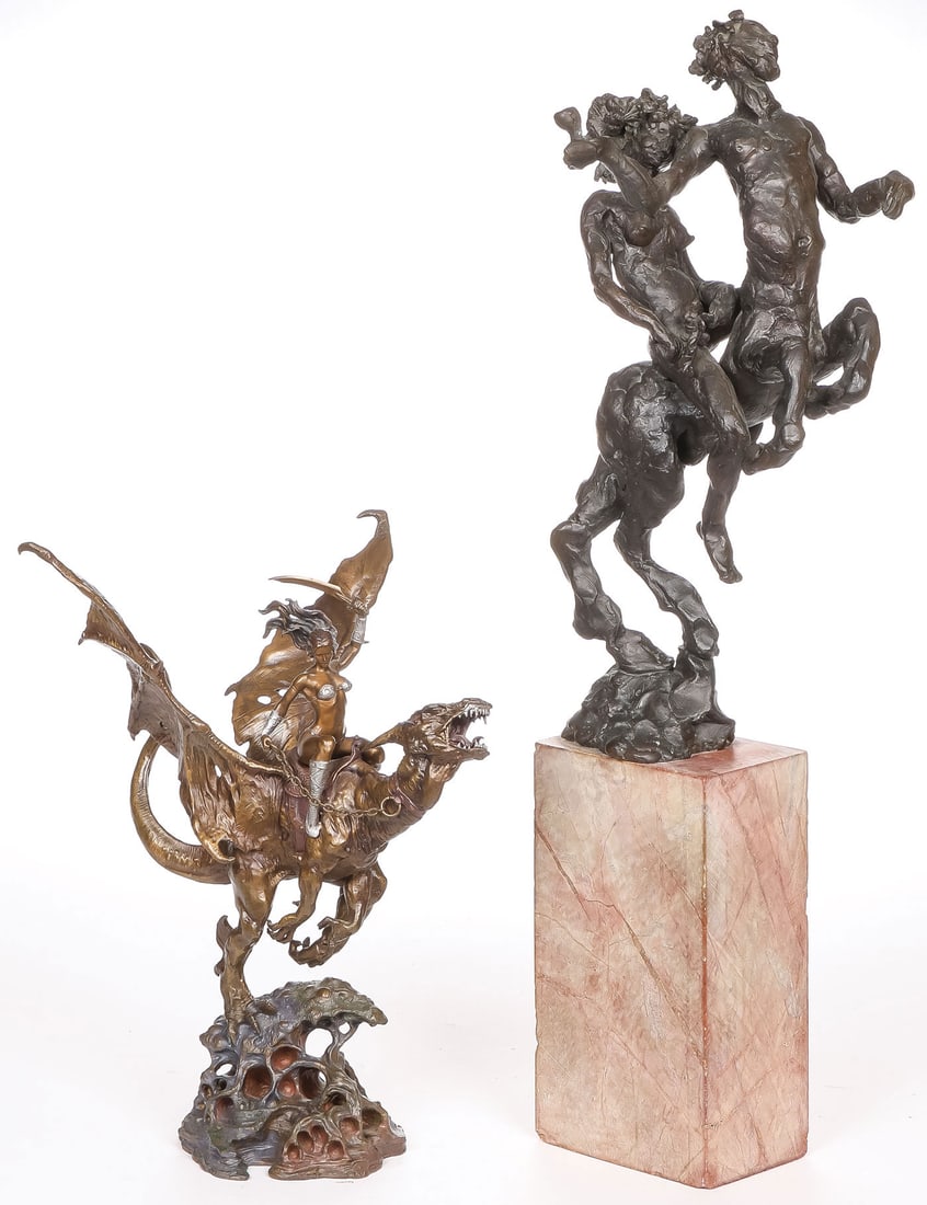 PR INTERESTING BRONZE SCULPTURES: PR INTERESTING BRONZE SCULPTURES. Comprising two patinated bronze sculptures. Including a modernist bronze figure of a centaur with nude female passenger, resting on a polished marble plinth, signed