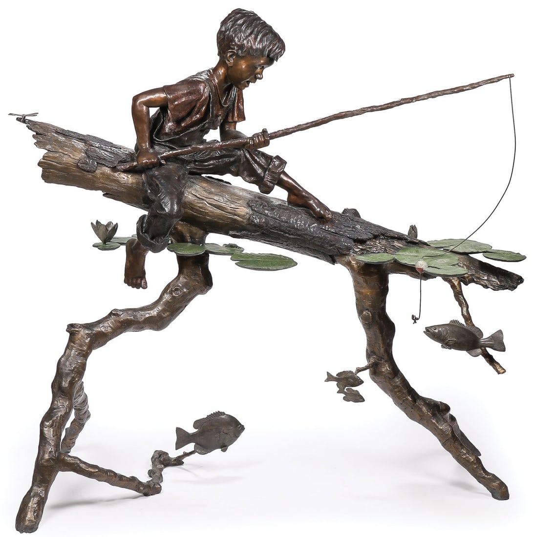 LIFESIZE OUTDOOR BRONZE CHILD SCULPTURE: Mark Hopkins (American b. 1953-) Fishing Hole -2003 Bronze with polychrome patina Signed, dated, and editioned 3/15 Height 68 inches, length 64 inches, width 31 inches LOCAL PICKUP OR 3RD PARTY