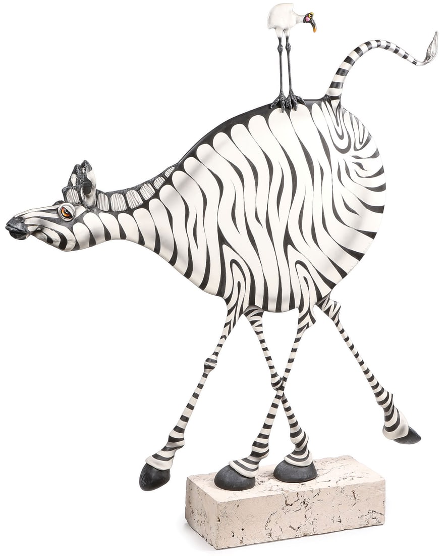 WHIMSICAL ZEBRA SCULPTURE BY TODD WARNER: Todd J. Warner (American 1945 ? 2022) Happy Zebra ? 2000 Mixed media Signed, dated, and with dedicatory inscription Height 65.75 inches (167cm), length 55 inches (139.7cm), depth 10 inches (25.4cm)