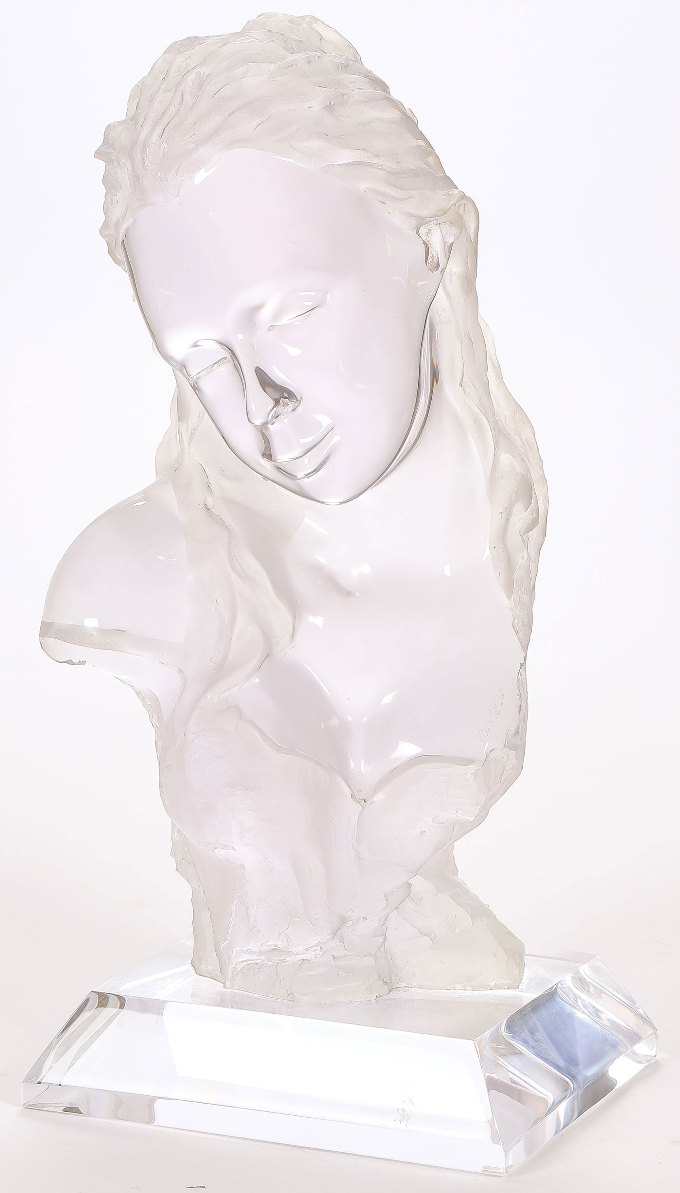 SIGNED ACRYLIC BUST: SIGNED ACRYLIC BUST. Comprising an acrylic bust of a beautiful young woman on integral acrylic base, signed Paule-Haziza for Israeli artist Shalomi Haziza (b. 1969). Height 18.75 inches (47.6cm).