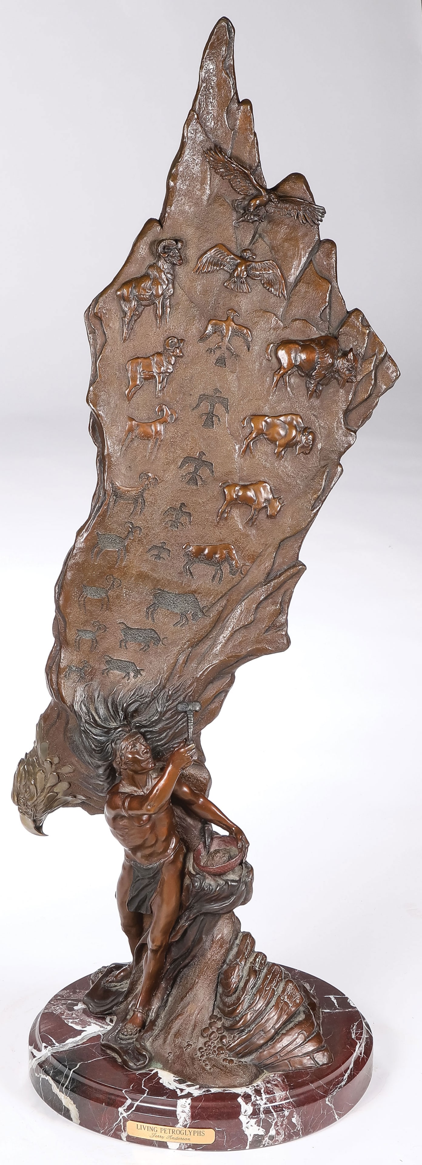 GREAT SIGNED NATIVE AMERICAN BRONZE: Jerry Anderson (American 1935-) Living Petroglyphs Bronze Titled, signed, dated 1987, and editioned 14-45 on back, and with title plaque on base? Overall height 42 inches including marble base