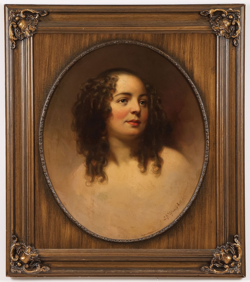 GOOD SAMUEL WAUGH SIGNED PORTRAIT, 1852: Samuel Bell Waugh (American 1814-1885) Portrait of Beautiful Young Woman with Sausage Curls -1852 Oil on canvas Signed lower right and dated 1852 24 x 20 inches. Overall, including frame, 32.5 x 28.5