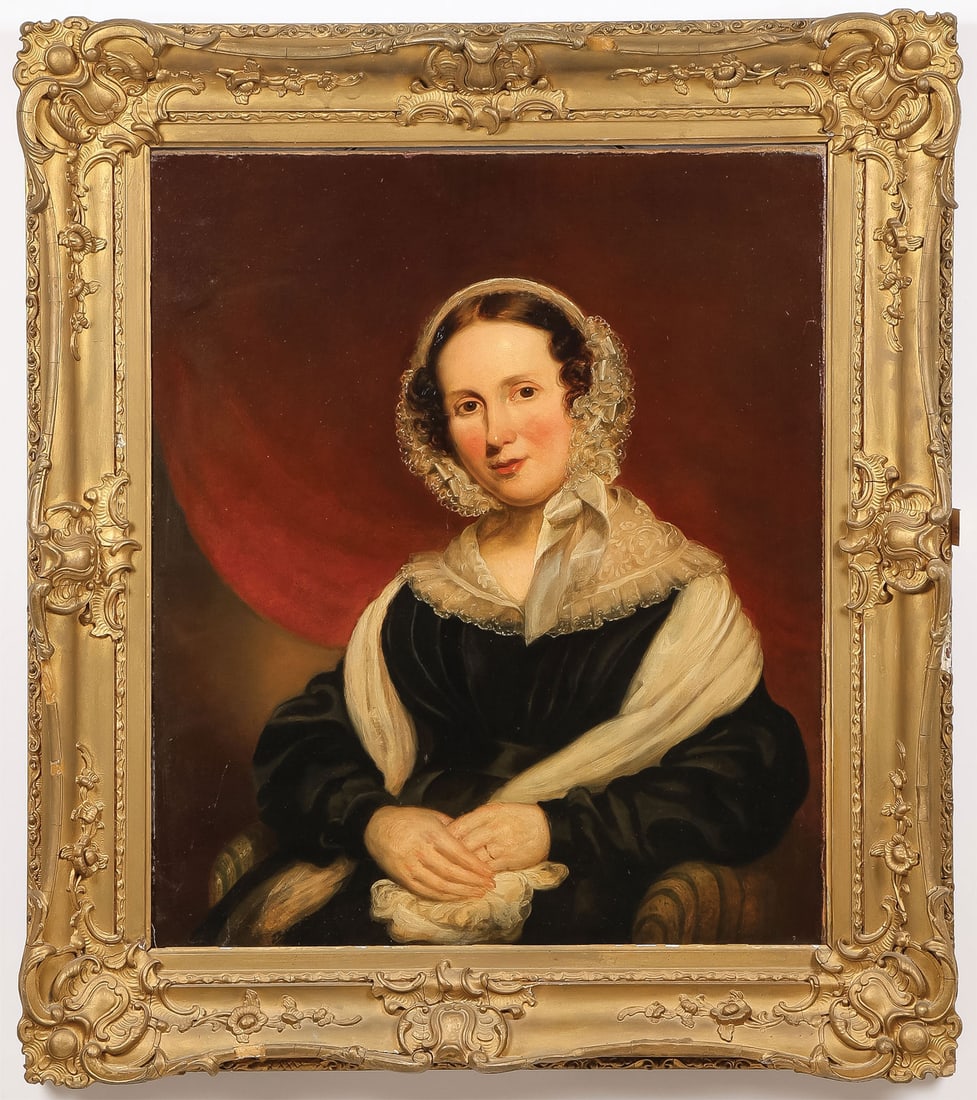 ATTRACTIVE BRITISH PORTRAIT, C. 1830: British School (19th Century) Portrait of a Woman in a Lace Bonnet - circa 1830 Oil on canvas Apparently unsigned 30 x 24.75 inches (76 x 63cm). Overall, including frame, 38.5 x 33.5 inches (98 x