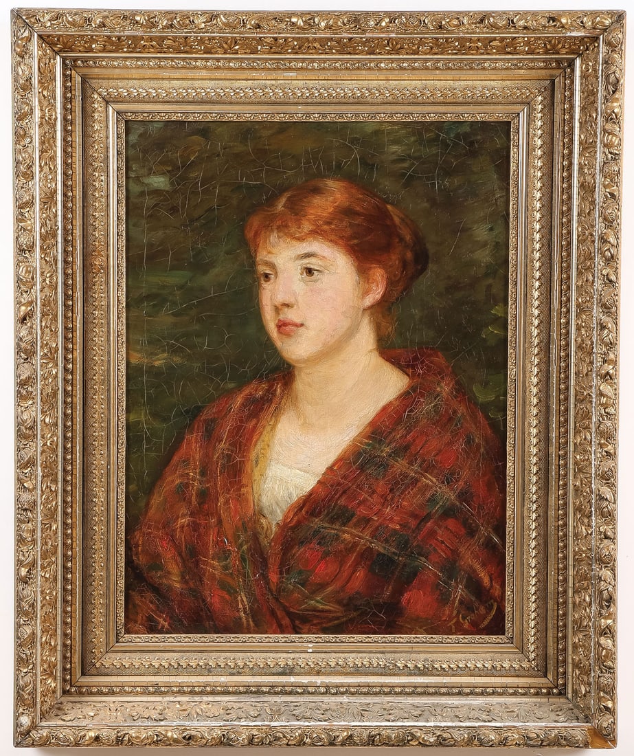 SIGNED SCOTTISH PORTRAIT, C. 1880: Thomas Alexander Graham (Scottish 1840 - 1906) Portrait of Young Woman in Plaid Shawl Oil on canvas Signed lower right 25.25 x 20.25 inches (64 x 51cm). Overall, including impressive frame, 33.5 x