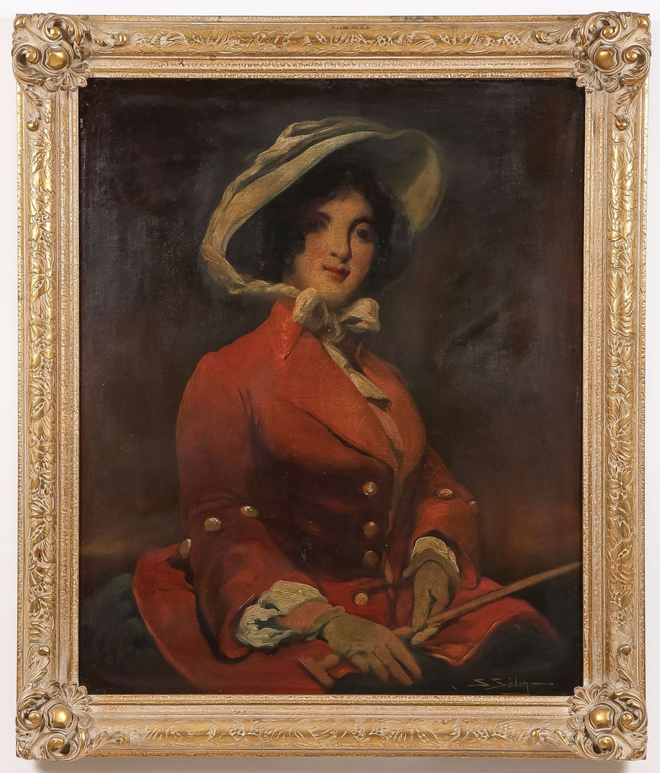 SIGNED OIL ON WOOD PAINTING, C. 1920'S: Samuel Seeberger (active 1875-1940) Woman with Red Jacket, Bonet and Riding Crop Oil on wood board Signed lower right 30.25 x 24.75 inches (77 x 63cm). Overall, including frame, 36 x 30.75 inches