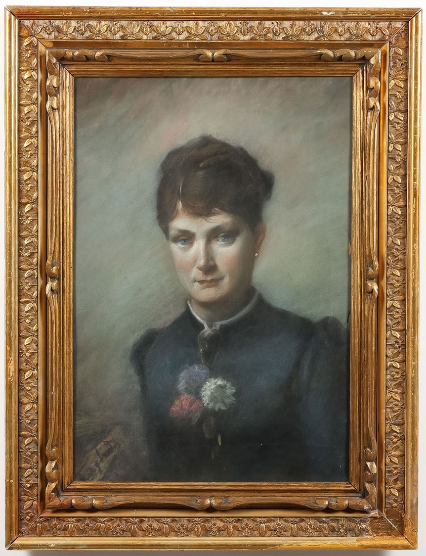 19TH CENTURY PASTEL: French School (19th Century) Young Beauty with Carnation Corsage -1884 Pastel on paper Signed indistinguishably lower left and dated 1884 21.75 inches x 15 inches (55.2 x 38 cm). Overall contained in 