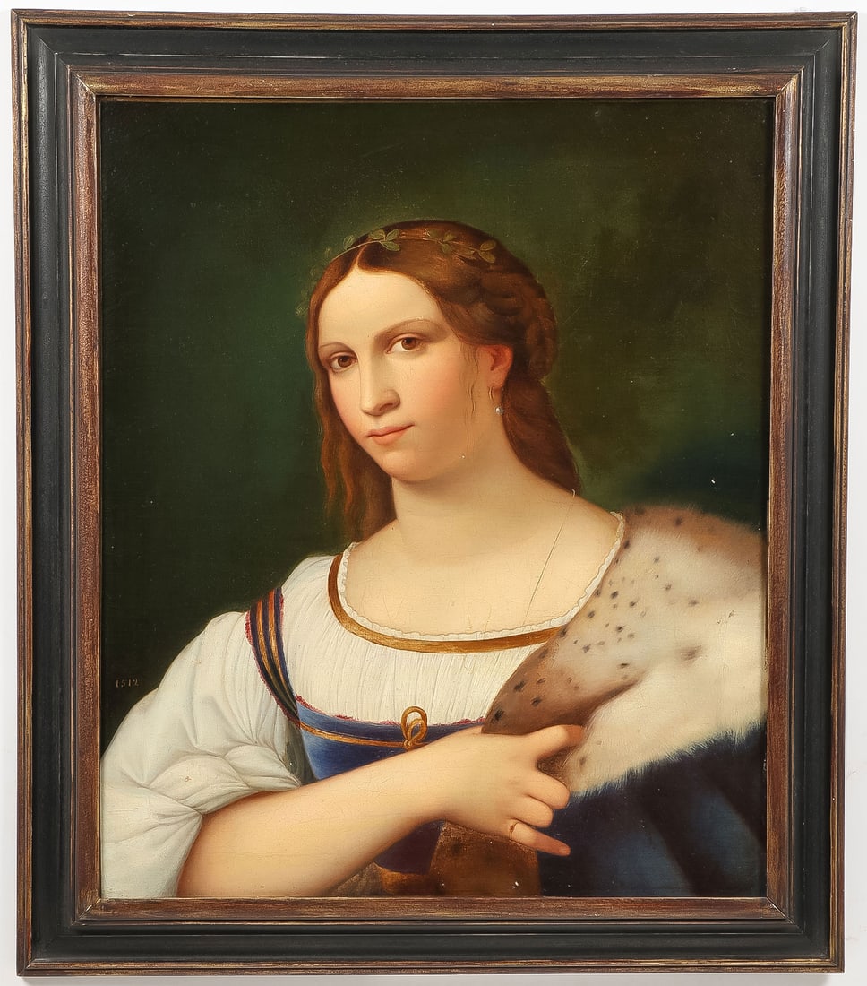 HIGH QUALITY VINTAGE PAINTING AFTER PIOMBO: After Sebastiano Del Piombo (1485-1547) La Fornarina Oil on canvas Inscribed in gilt lower left "1512" 26.5 x 22.5 inches (67.5 x 56.5cm). Overall, including frame 31.25 x 27.25 inches (79.5 x 69cm)