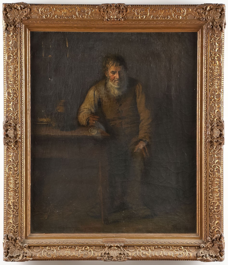 SIGNED GERMAN PAINTING, 19TH C: Phillip "Phiz" Muhr (German/American 1860-1916) Interior Scene with Man and Cat Oil on canvas Signed lower right "Phiz Muhr" 31.5 x 25.25 inches (79.8 x 64.2cm). Overall, including ornate press molded