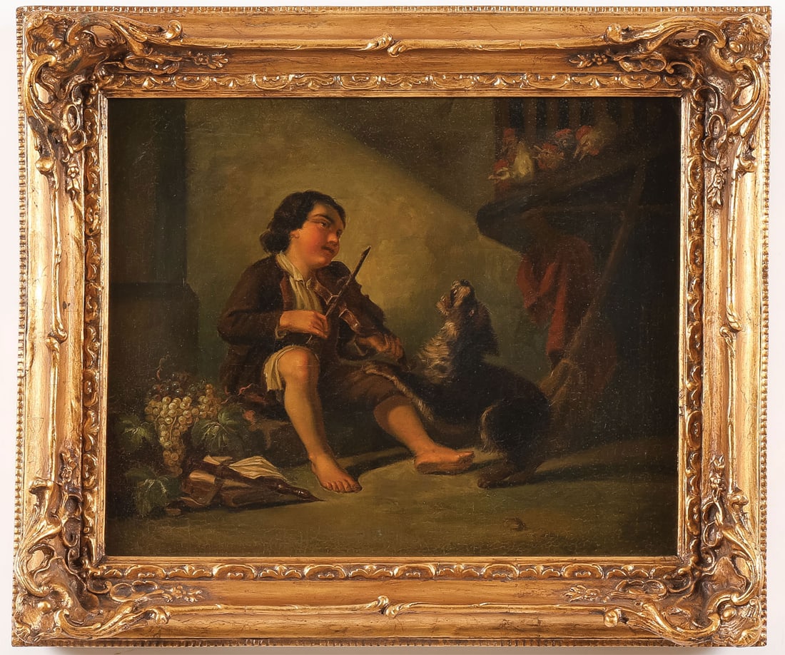 19TH C. BRITISH GENRE PAINTING: British School (19th century) Boy Playing Violin with Dog Oil on canvas Apparently unsigned with sticker from Morgan Art Gallery, Chicago, IL on verso 12.5 x 15.5 inches (32 x 39cm). Overall, includin