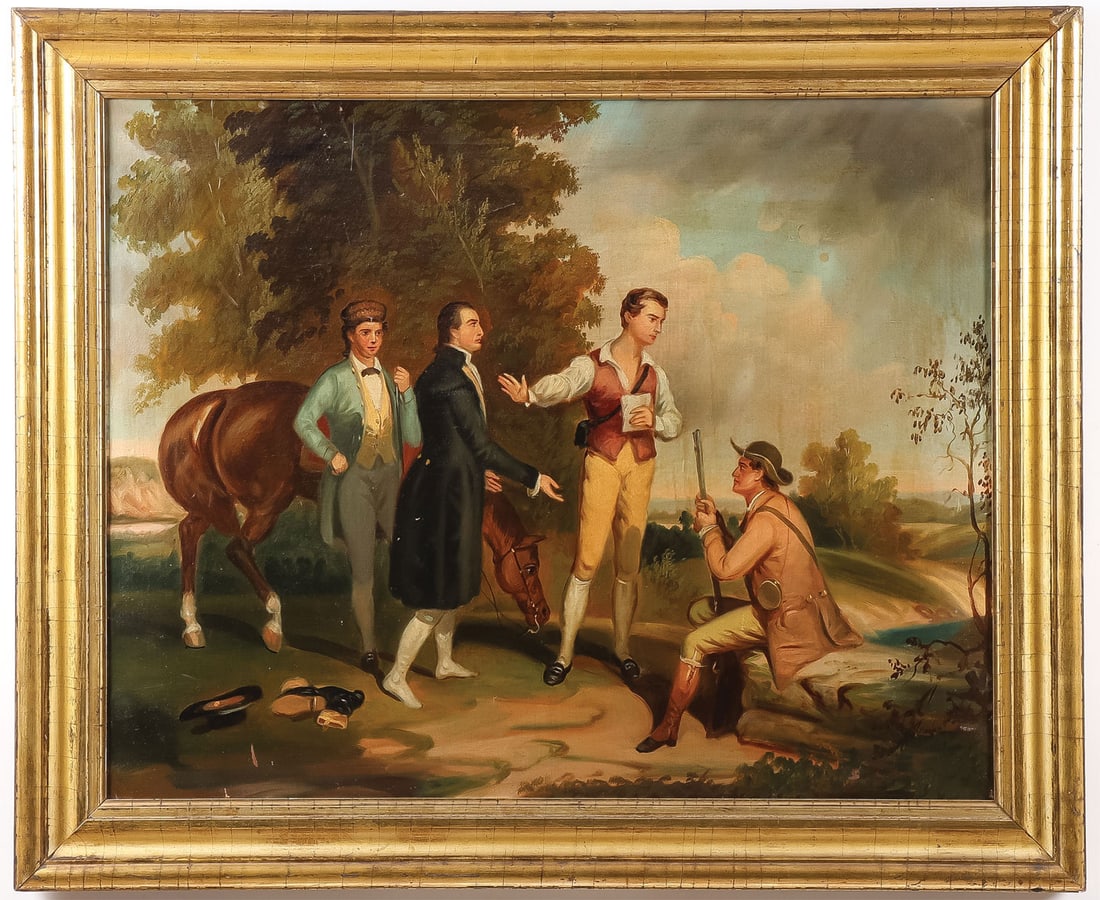 GREAT AMERICAN REVOLUTION OIL PAINTING: Follower of Asher Brown Durand (1796-1886) The Capture of Major Andre ? circa 1850's Oil on canvas Unsigned 25 x 30 inches (63.5 x 76cm). Overall, including vintage frame, 29 x 35 inches (74 x 89cm)