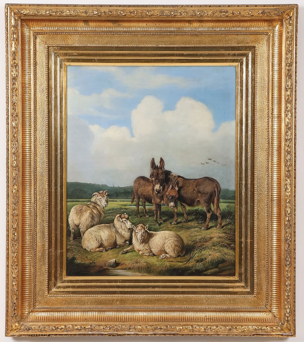 GREAT SIGNED BRITISH PAINTING, 1881: Edward Lloyd of Ellesmere (British 1818-1901) Donkey and Sheep in a Landscape ? 1881 Oil on canvas Signed and dated lower left "Edward Lloyd June 8th 1881 21 x 17 inches. Overall, including its likely