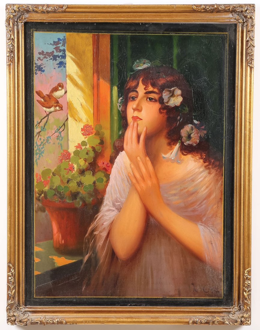 SIGNED EUROPEAN OIL ON WOOD: L. Orsi (European 19th/20th Century) Contemplation ? circa 1920 Oil on wood panel Signed lower right L. Orsi 25 x 18.75 inches (64.8 x 47.6cm). Overall, including frame, 28.25 x 21.5 inches (71.5 x 55