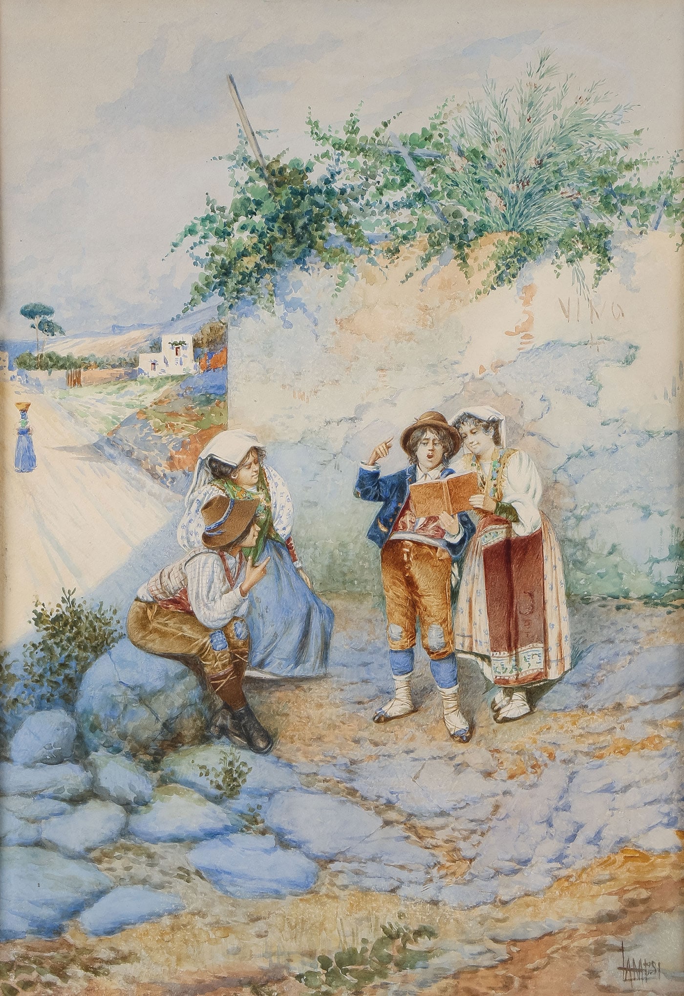 SIGNED ITALIAN WATERCOLOR, C. 1890: Temistocle A. Lamesi (Italian 1870 - 1957) An Interesting Read Watercolor on paper Signed lower right Sight: 20 x 13.75 inches (50.8 x 34.9cm). Overall, including glazed frame, 27.5 x 21 inches (69.8 