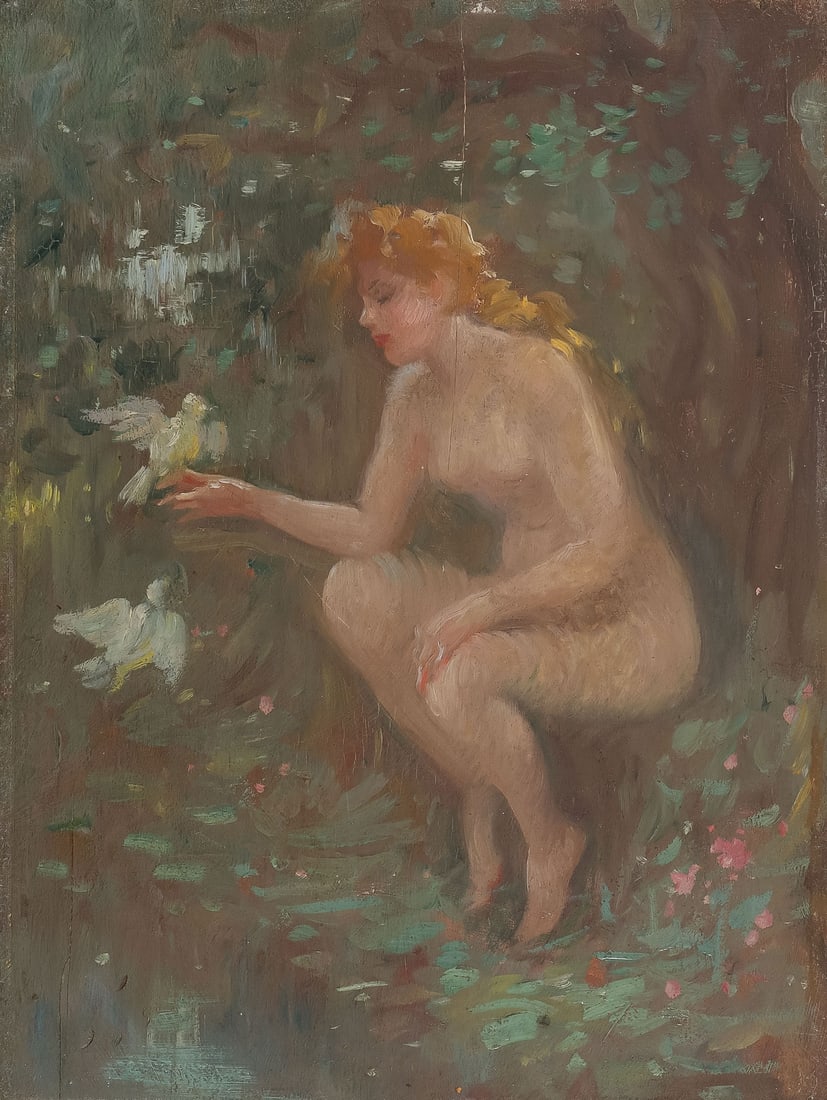 FREDERICK STUART CHURCH OIL SKETCH: Frederick Stuart Church (American 1842-1924) Nude with Doves in Landscape Oil on wood panel Unsigned, verso with old type label ascribed to Church and with biographical data 13.75 x 10.25 inches, unfr