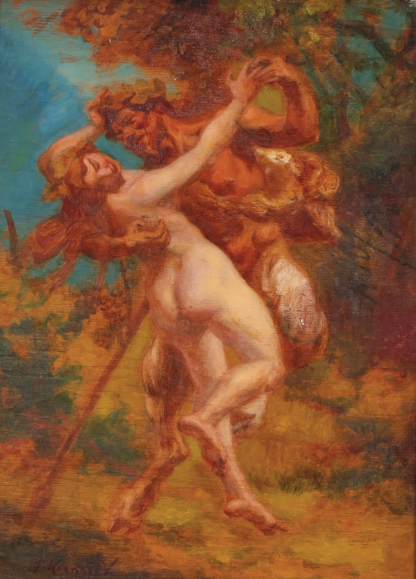 SIGNED OIL ON WOOD PAINTING: Continental School (19th/20th Century) Satyr and a Nymph Oil on board Indistinguishably signed l.l. 20.25 x 15 inches (52 x 38cm). Overall, including frame, 33.5 x 28.75 inches (85 x 73cm) <