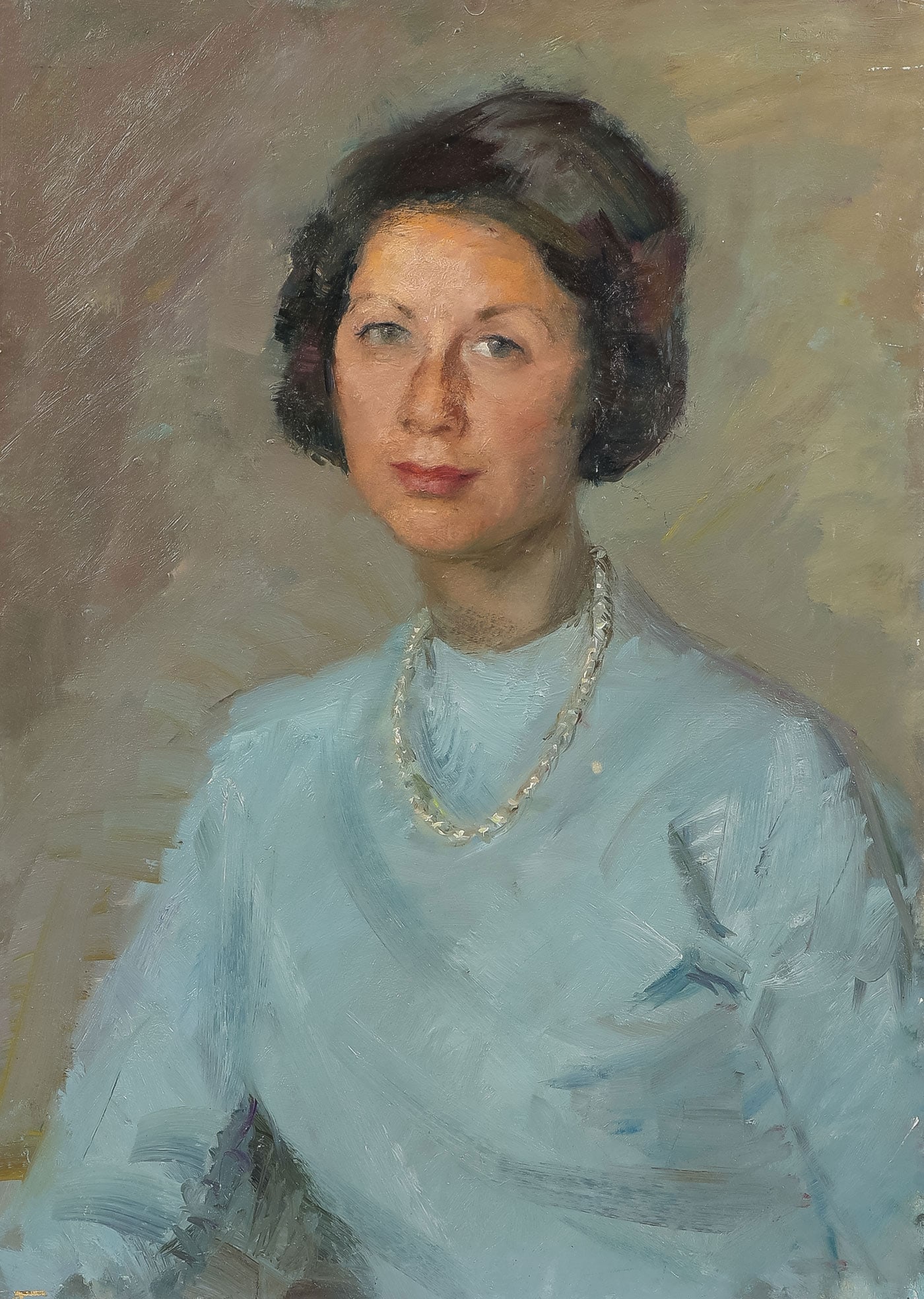 SIGNED AND DATED PORTRAIT, 1905: Leo Konig (German 1871 ? 1944) Portrait of a Woman in Blue with a Pearl Necklace -1905 Oil on board Signed upper right Konig 1905 27.5 x 19.75 inches (70 x 50cm), unframed SHIPPING NOTICE: If you are