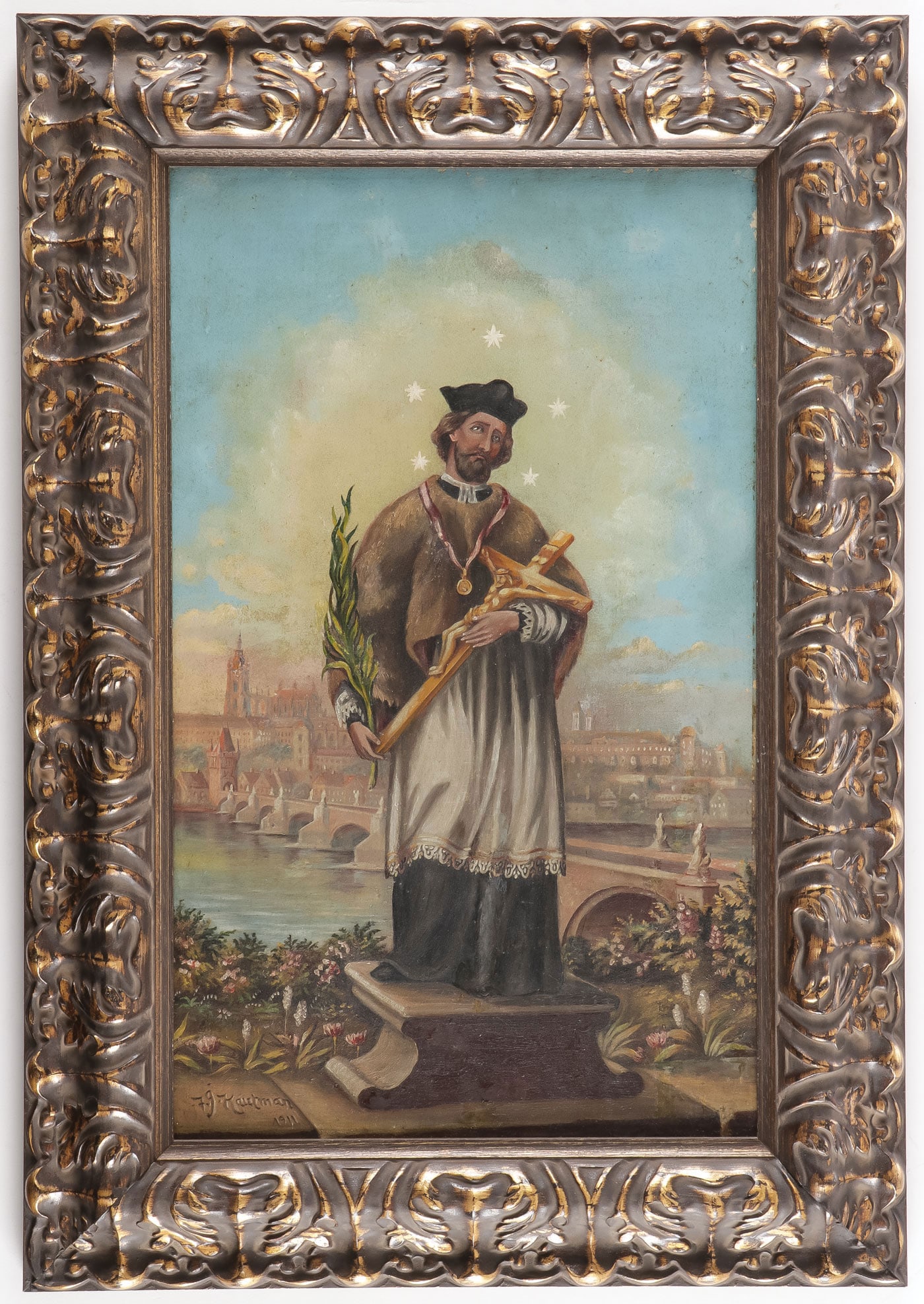 SIGNED & DATED DEVOTIONAL PAINTING, 1911: SIGNED & DATED DEVOTIONAL PAINTING, 1911. Comprising a depiction of St. John Nepomuk holding a crucifix with the Charles Bridge and Vltava River in the background, oil on canvas laid down, signed and 