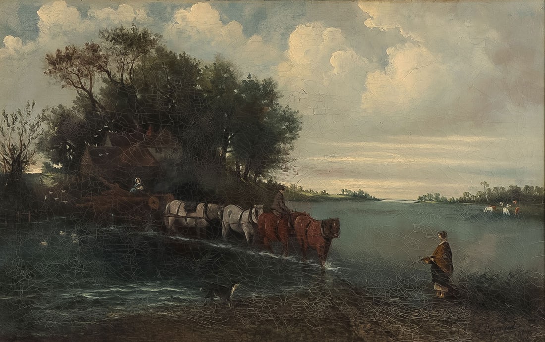 EXPANSIVE SIGNED LANDSCAPE WITH FIGURES, 1884: F. Peyraud (19th Century) Expansive Landscape with Figures Fording a Stream with Lumber Oil on canvas Signed and dated lower right F. Peyraud 1884 25.25 x 40 inches (64 x 102cm). Overall, including