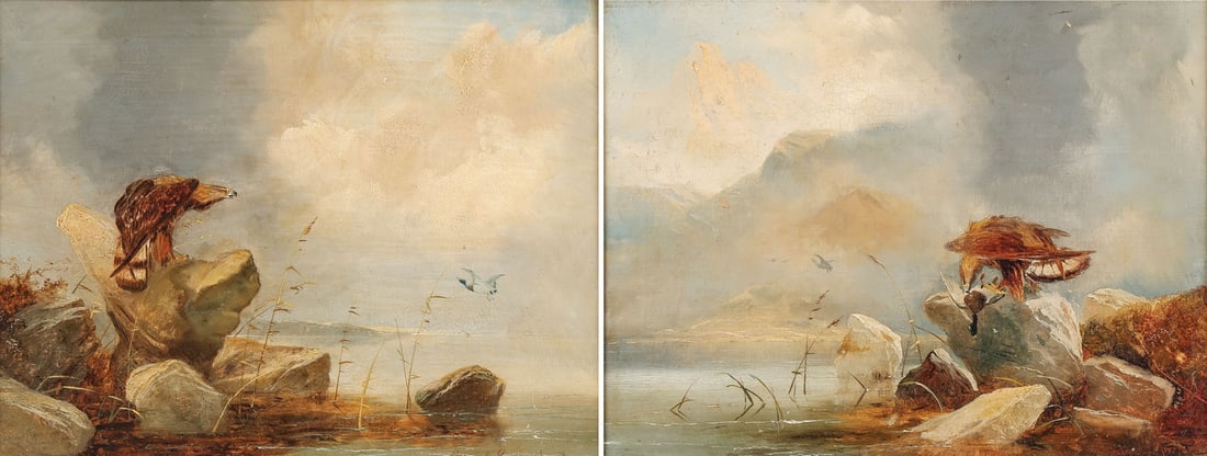 PR OF BRITISH SCOTTISH HIGHLAND SCENES: Clarence H. Roe (British 1850-1909) Bird of Prey & Nature's Way ? a pair of paintings - 1874 Each oil on canvas Both signed in lower right and dated 74 13 x 17 inches. Contained in matching frames mea