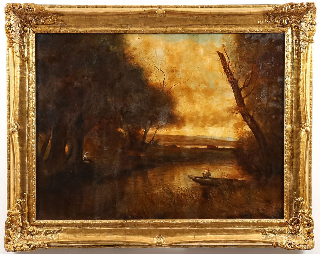 LARGE SIGNED AMERICAN LANDSCAPE C. 1915: Eugene Califano (American 1893-1974) Dusk Landscape with Figure in Boat -circa 1915 Oil on canvas Signed lower right E. Califano 30.2 x 40.25 inches (76.8 x 102.3cm). Overall, including 38.75 x 48.75