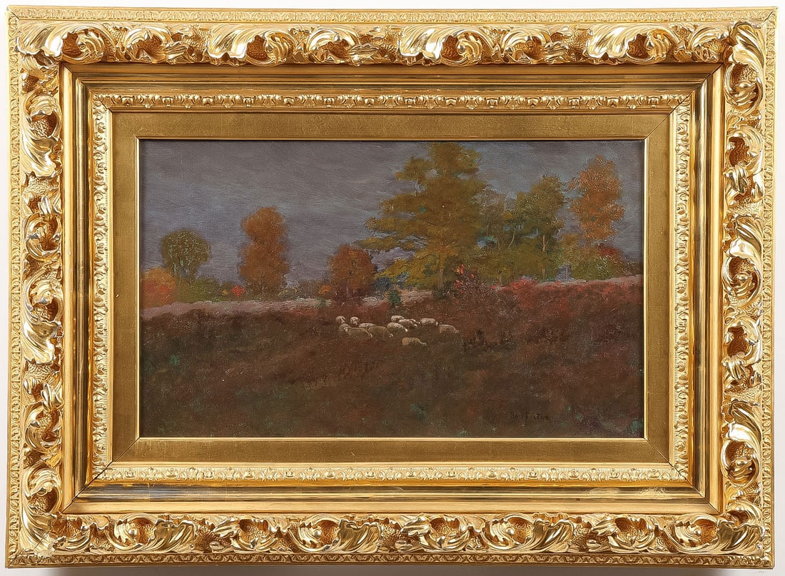 GREAT BEN FOSTER MOONLIGHT LANDSCAPE: Ben Foster (American 1852-1926) Sheep Pasturing in the Moonlight Oil on canvas Signed lower right "Ben Foster" 11.75 x 19.5 inches (28.3 x 49.6cm). Overall, including frame 21.75 x 29.5 inches (54.6