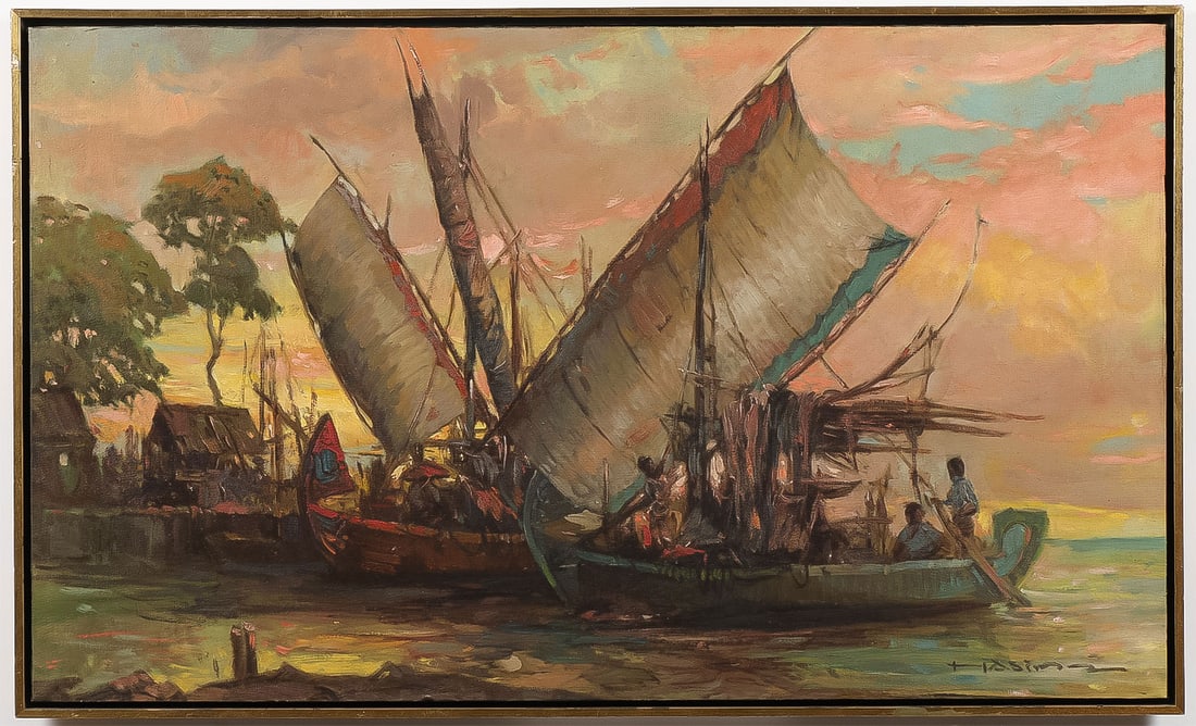 SIGNED INDONESIAN PAINTING: A. Hasim (Jakarta 1921-1982) Sumatra Twilight Scene with Boats at Dock Oil on canvas Signed lower right 20 x 33.5 inches (51 x 85.5cm). Overall, including frame 21 x 34.5 inches (53.3 x 87.6cm)