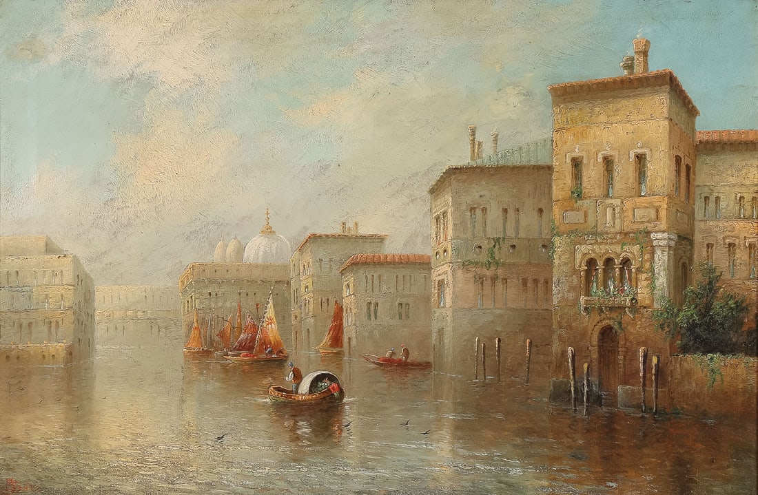 PAIR OF SIGNED VENETIAN SCENES: James Salt (English 1850 ? 1903) Venetian Scenes ? a pair Oil on canvas Signed lower right Each 16 x 24 inches (41 x 61cm). Each overall, including matching gilt frames, 24.25 x 32 SHIPPING NOTICE: