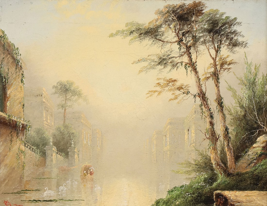 SIGNED MISTY VENETIAN SCENE: James Salt (English 1850 ? 1903) Misty Venice Canal Scene Oil on canvas Signed lower left J. Salt 14 x 18 inches (35.5 x 46cm). Overall, including frame, 23.25 x 27.25 inches (59 x 69.2cm) SHIPPING