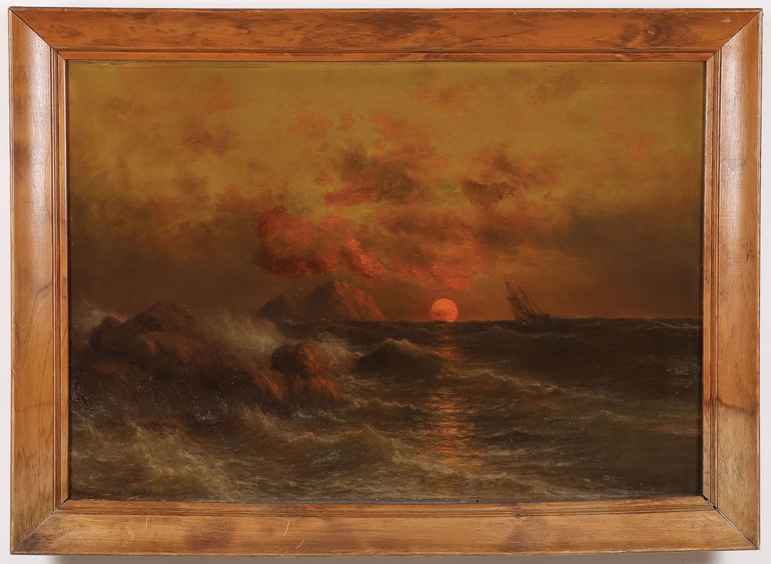 ATTRACTIVE SIGNED MARINE SUNSET PAINTING, 19TH C: John Hammerstad (American 1842-1925) Sailing Ship off Rocky Coast at Sunet Oil on canvas Signed lower left 22 x 32 inches. Overall, including frame, 26.5 x 36.5 inches SHIPPING NOTICE: If you are not