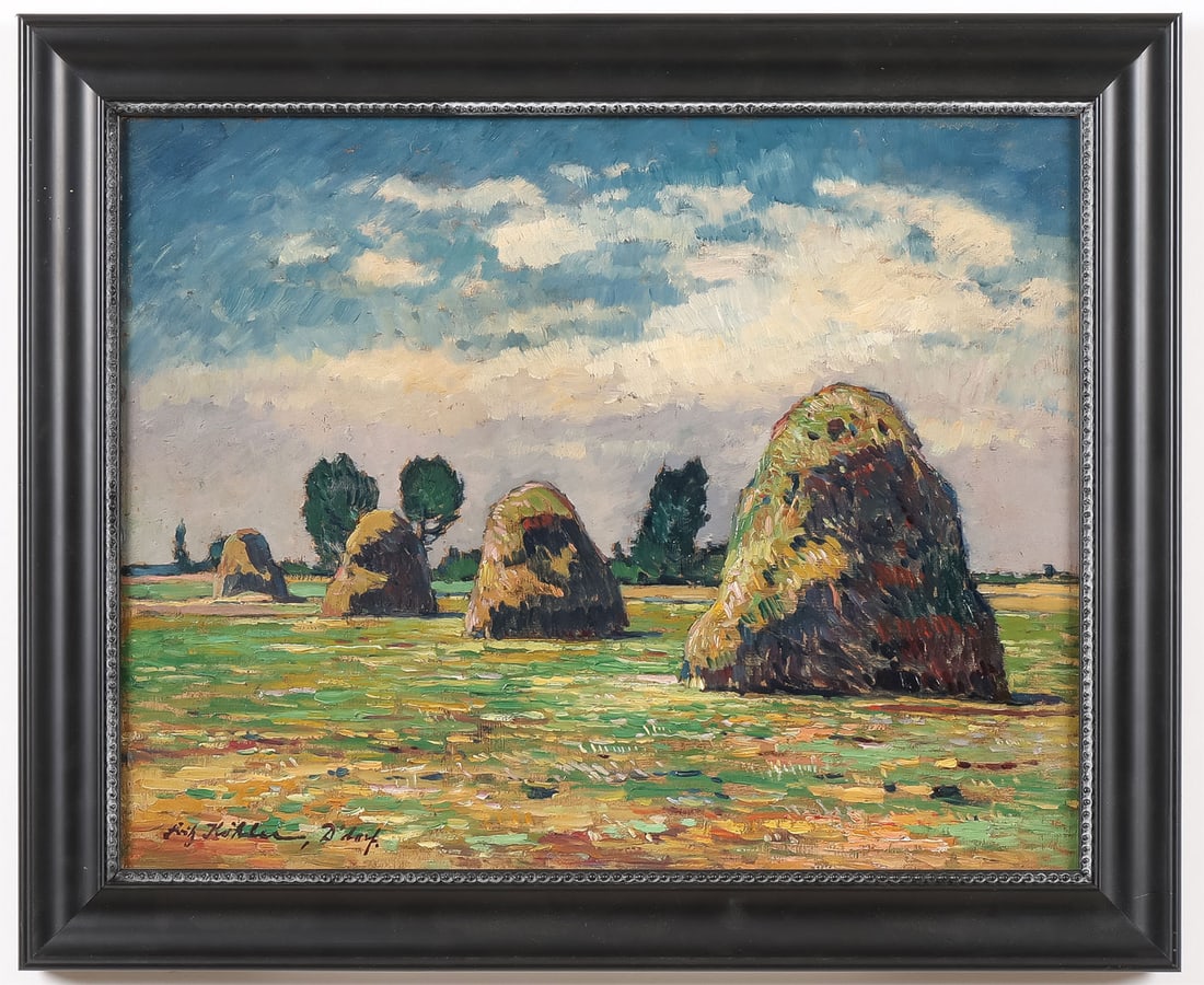 SIGNED IMPRESSIONISTIC HAYSTACK PAINTING: Fritz Köhler (German 1887-1972) Haystacks Oil on board Signed lower left "Fritz Köhler - Dusseldorf" 13 x 16.5 inches (33 x 42cm). Overall, including frame, 16.25 x 19.75 inches (41 x 50cm)