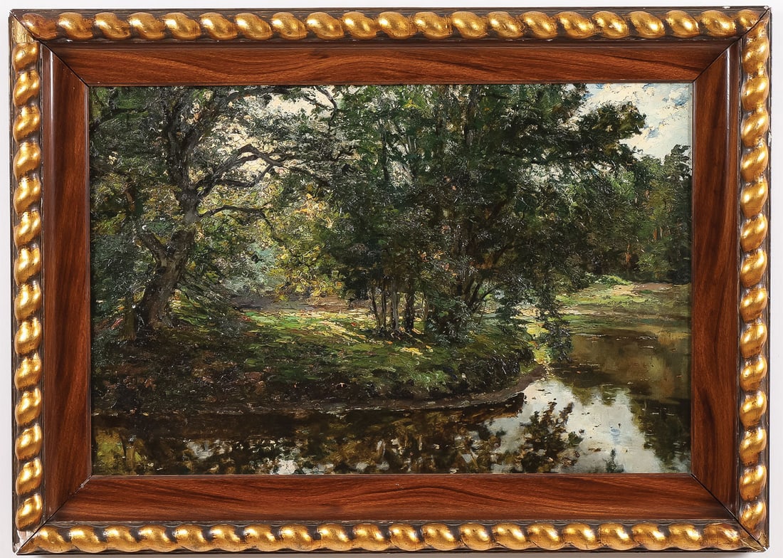 BEAUTIFUL SIGNED BELGIAN LANDSCAPE, C. 1890: Jan Frans Simons (Belgian 1855-1919) Summer Wooded Landscape with Stream Oil on canvas Signed lower left "JFrans Simons" on tacking edge 17.75 x 26.75 inches (45.3 x 68cm) Overall, including frame, 23