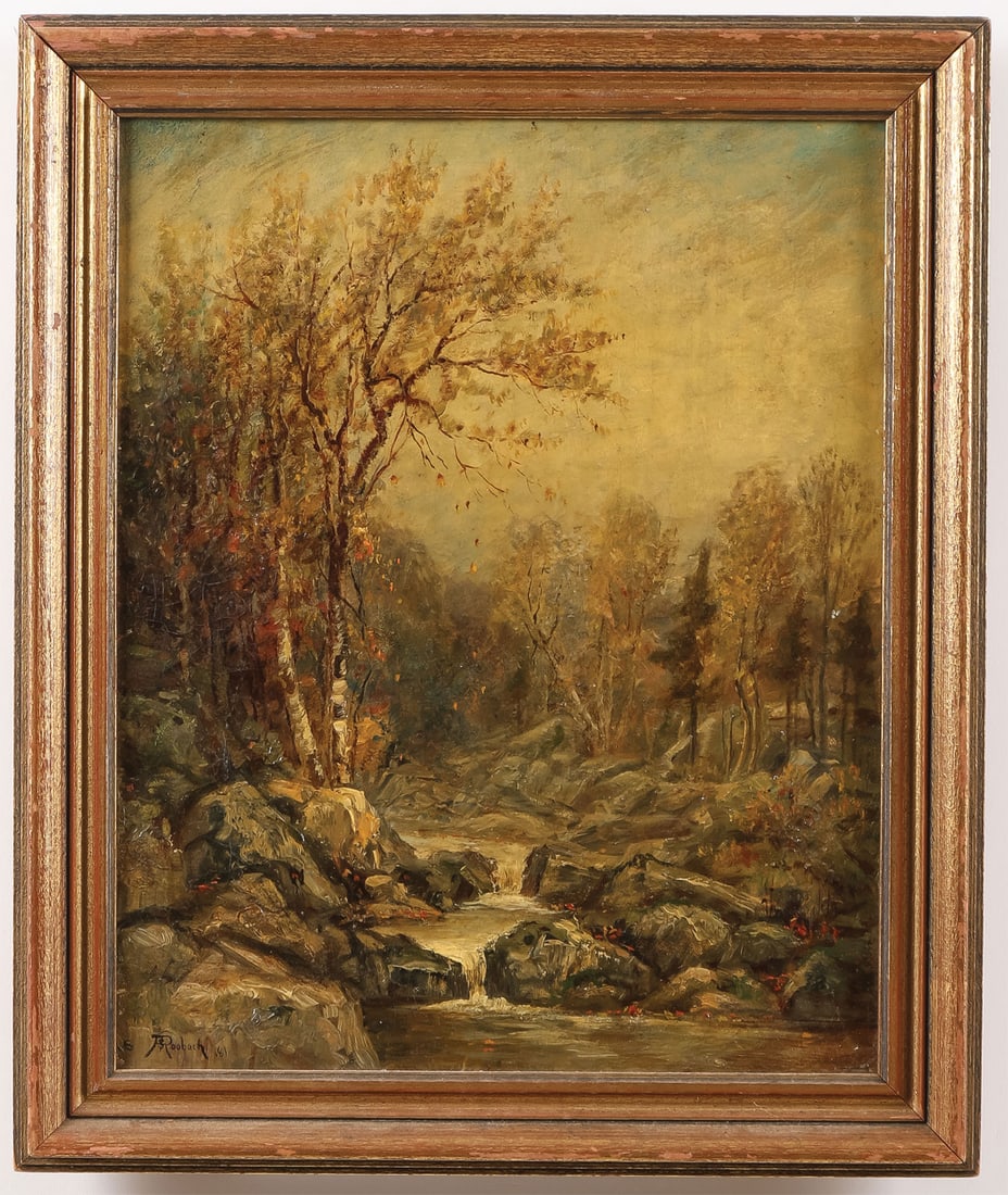 SIGNED OIL PAINTING DATED 1881: Roobach (European 19th Century) Autumn Landscape with Stream Oil on canvas Signed lower left Roobach and dated ?81 14 x 11.25 inches (35.5 x 29cm). Overall, including frame, 16.5 x 13.75 inches (42 x