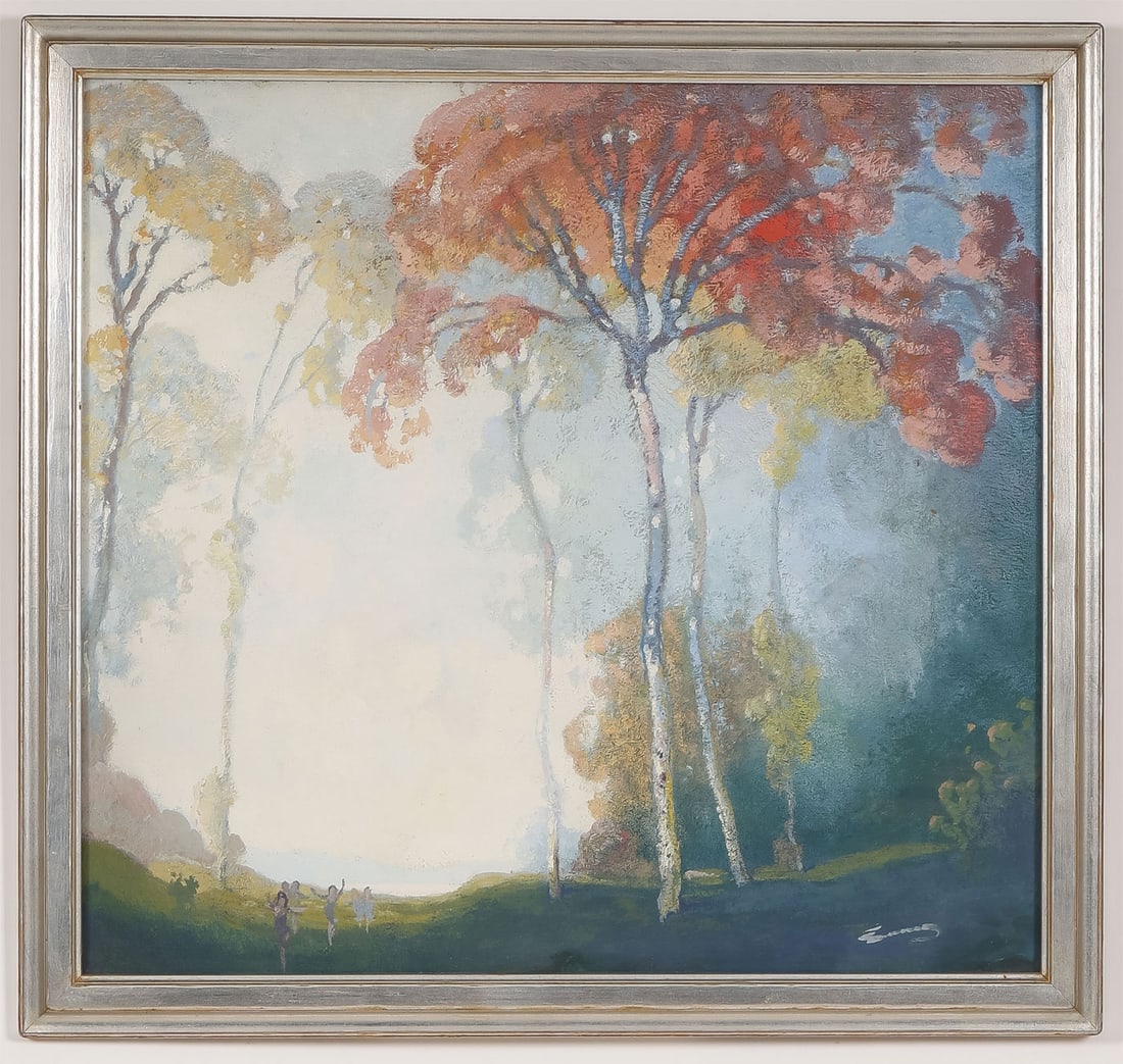 LARGE TONALIST AUTUMNAL LANDSCAPE BY EMERSON: William C. Emerson (American 1865-1937) Autumn Glory Oil on board Signed lower right 28 x 30 inches. Overall, including glazed frame, 31.25 x 33.25 inches SHIPPING NOTICE:
