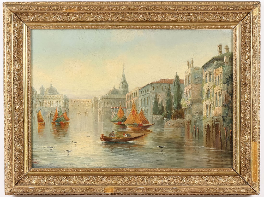 SIGNED JAMES SALT VENETIAN SCENE: James Salt (English 1850 ? 1903) Venice Oil on canvas Signed lower left 13.75 x 22 inches (35 x 56cm). Overall, including frame, 19 x 25 inches (48 x 63.5cm) SHIPPING NOTICE: