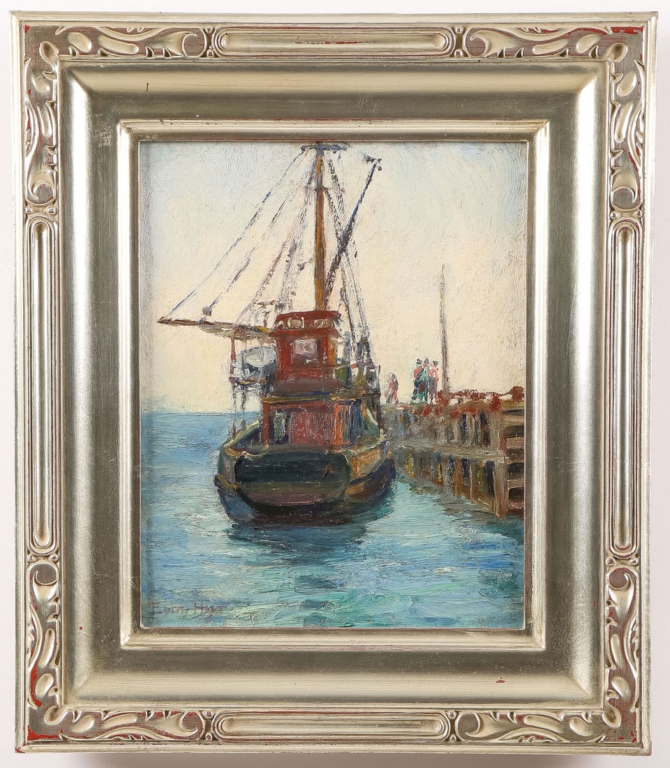 SIGNED AMERICAN MARINE PAINTING, C. 1920: Edith Hoyt Stewart (American 1890-1971) The Old Schooner Oil on canvas board Signed lower left, with titled artist's label on verso 10 x 8 inches. Overall, including frame, 14.5 x 12.5 inches