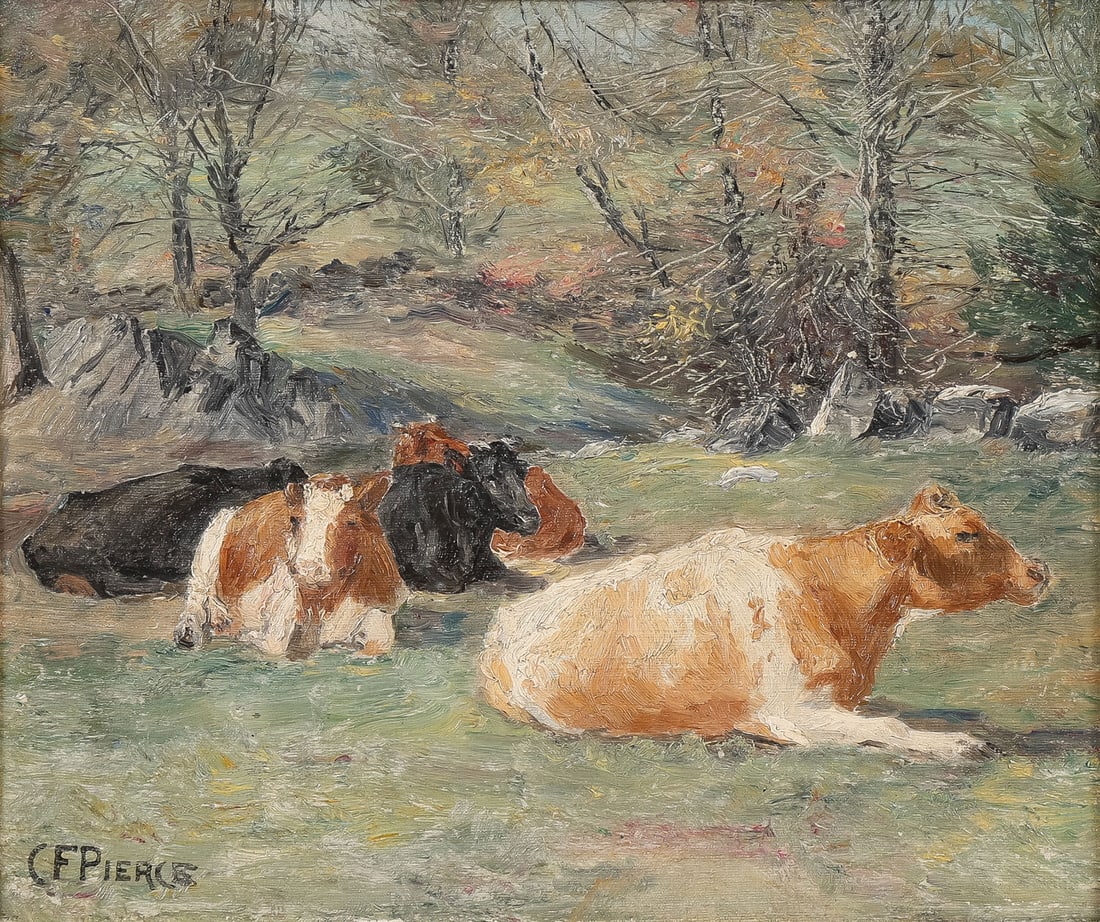 GOOD SIGNED NEW ENGLAND PAINTING: Charles Franklin Pierce (American 1844 - 1920) Cows Resting - circa 1920 Oil on artist board Signed lower left CF Pierce 10.25 x 12 inches. Overall, including frame, 17.25 x 19.25 inches