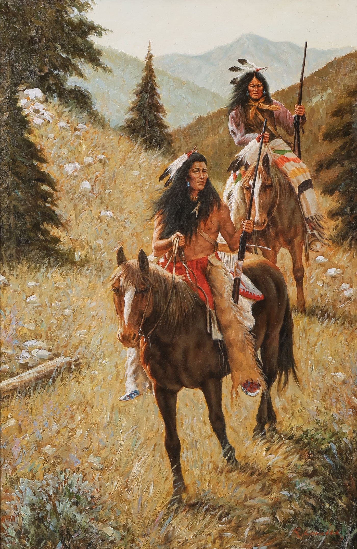 LARGE NATIVE AMERICAN PAINTING: R Landis (20th Century) Two Indians on Horseback Oil on canvas Signed lower right 36 x 24 inches. Overall, including frame, 41.25 x 29.25 inches SHIPPING NOTICE: If you